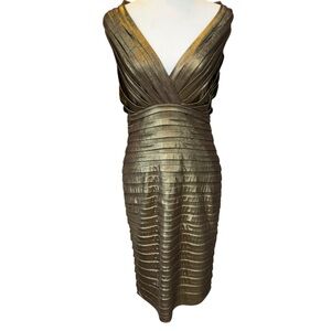 Tadashi Collection Metallic Bronze Ruched Gown Open Back Bodycon Size M